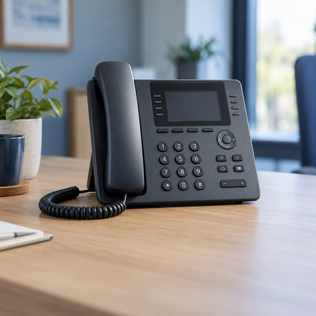 Illustratie van een zakelijk telefoontoestel op een bureau
