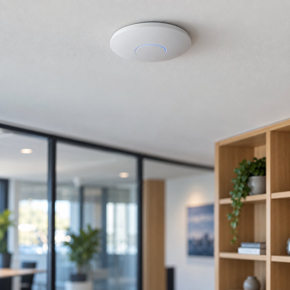 Illustratie van een WiFi-accesspoint aan het plafond van een kantoor