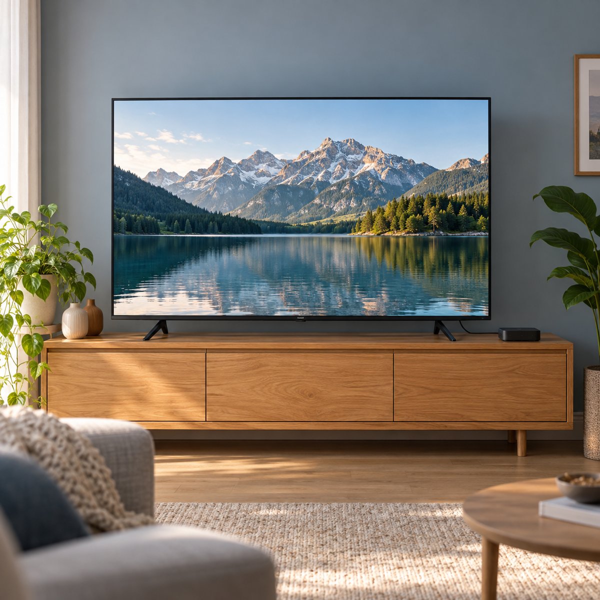 Televisie met een berglandschap op het scherm en een compacte tv-ontvanger in een woonkamer
